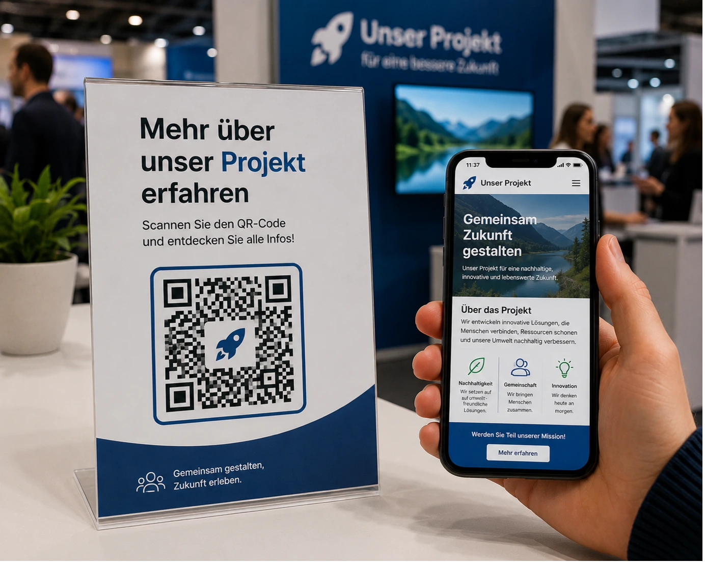 Ein transparenter Tischaufsteller auf einer Messe zeigt einen großen QR-Code mit Raketen-Logo und dem Text „Mehr über unser Projekt erfahren“. Daneben hält eine Hand ein Smartphone, das die dazu passende mobile Website mit der Überschrift „Gemeinsam Zukunft gestalten“ anzeigt.