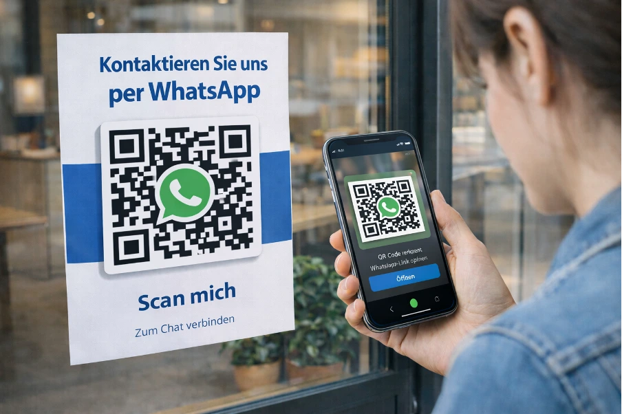 Flyer an einem Geschäftseingang mit einem WhatsApp-QR-Code, davor ein Smartphone welches den Code scannt.