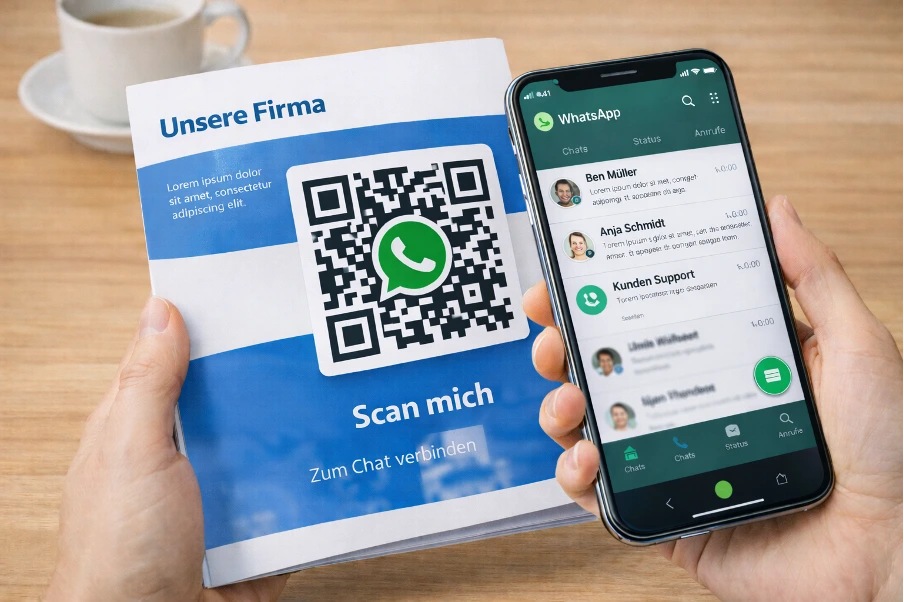 Firmenbroschüre mit einem WhatsApp-QR-Code, darüber ein Smartphone welches den Code scannt.