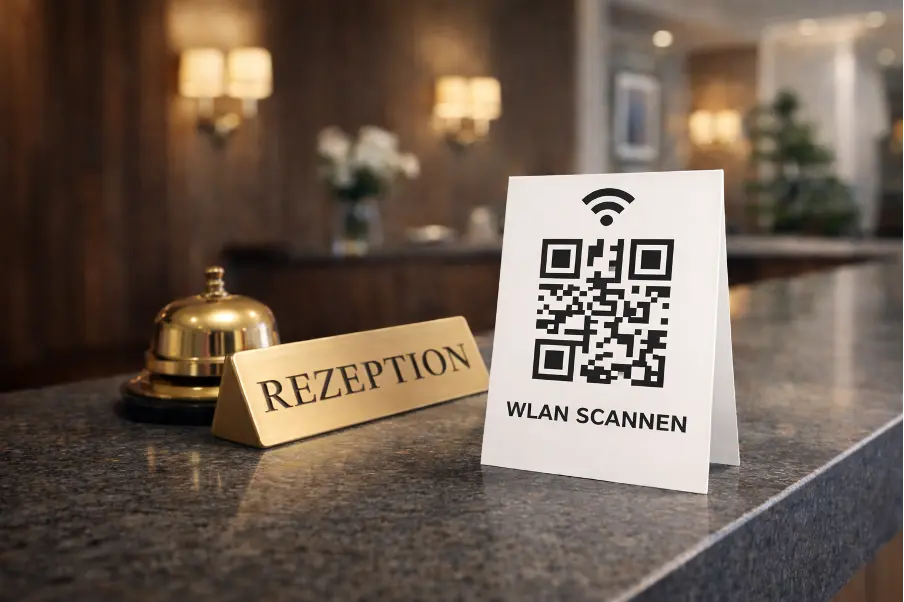 Gefaltete Karte auf einer Hotelrezeption mit einem WLAN-QR-Code, darüber einem WLAN-Symbol und dem Text „WLAN scannen“ neben einer Rezeptionglocke.