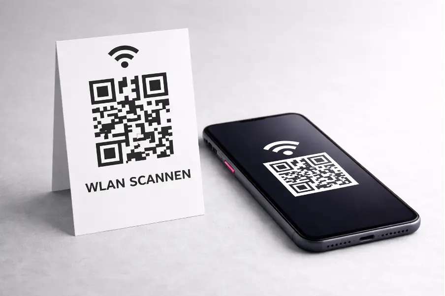 Smartphone scannt einen WLAN-QR-Code, um sich sofort mit dem WLAN zu verbinden, ohne ein Passwort eingeben zu müssen.