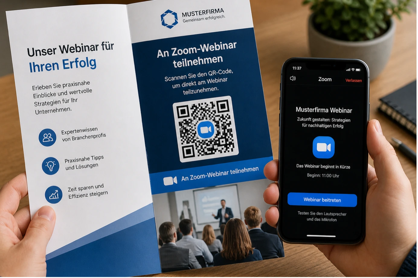 QR-Code auf einem Plakat im Schaufenster für eine SMS-Rabattaktion; ein Smartphone zeigt die vorformulierte Nachricht „Ich möchte den Rabatt erhalten“.