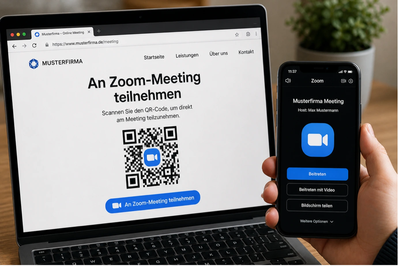 Ein Laptop zeigt die Kontaktseite einer Firma mit QR-Code; daneben hält eine Hand ein iPhone mit einer SMS-Anfrage zu einer Dienstleistung.